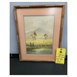 FRAMED RICE FIELD WATER COLOR - SIGNED