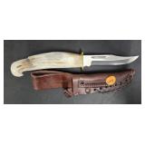 CARVED EAGLE BONE HANDLE HUNTING KNIFE WITH