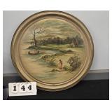 INDIAN SCENE OIL PAINTING ON BARREL LID #144 -