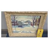 WINTER VILLAGE SCENE OIL ON BOARD - 16" X 20"