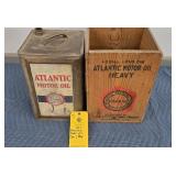 ATLANTIC MOTOR OIL 5 GALLON CAN AND WOOD BOX