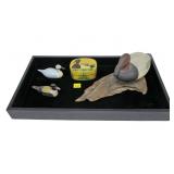 Lot, three miniature duck decoys and small trinket