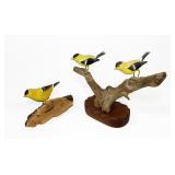 Lot, three carved goldfinches