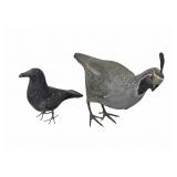 2- Carved birds: 6.5" quail, 5" H. black bird with