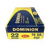 Box of Dominion .22 Savage 70-grain PSP