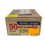 Box of Hornady Critical Defense .40 S&W 165-grain