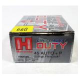 Box of Hornady Critical Duty .45 Auto +P 220-grain