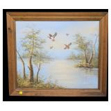 20" x 24" Oil on canvas, ducks flying over lake