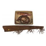 Lot, leather pistol belts, sling, and suede long