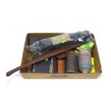 Lot, knives, MEC bottles, shotgun bandolier, misc Lot, knives, MEC bottles, shotgun bandolier, misc