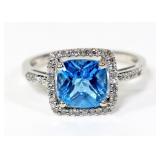 14K White gold square cut claw set blue topaz ring