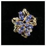14K Yellow gold marquis cut tanzanite cluster ring