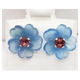 10K Yellow gold garnet stud earrings with floral