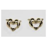 14K Yellow gold double dolphin heart post earrings