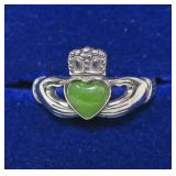 Sterling silver jade claddagh ring, size 6