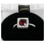 Sterling silver square cut ruby ring with CZ halo