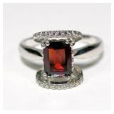 Sterling silver emerald cut garnet ring with