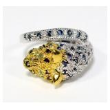 Sterling silver leopard head ring with sapphire