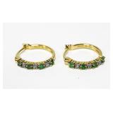 Sterling silver emerald and diamond hoop earrings