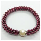 Garnet bead and pearl bracelet with sterling