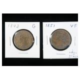 2- U.S. large cents: 1843, 1851