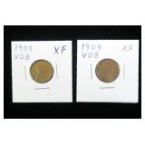 2- 1909-VDB Lincoln cents, XF