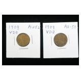 2- 1909-VDB Lincoln cents, AU