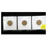 3- 1909 Lincoln cents, VF-XF