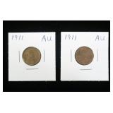 2- 1911 Lincoln cents, AU