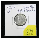 1939-S Mercury dime, BU, full split bands