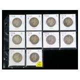 10- Barber half dollars, 1906-1915
