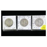 3- Walking Liberty half dollars, 1920, 1927-S,