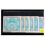 Lot, WWII military currency from France, 6 notes