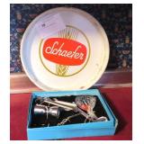 Lot, 13" Schaefer beer tray with bar tools