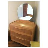 Art deco three drawer dresser with round mirror