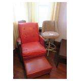 Lot, red rocker with ottoman and swivel stool