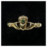 10K Yellow gold claddagh ring with emerald accent,