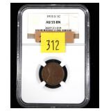 1915-S Lincoln cent, NGC slab certified AU-55 BN