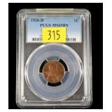1920-D Lincoln cent, PCGS slab certified MS-65 BN