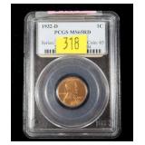 1932-D Lincoln cent, PCGS slab certified MS-65 RD