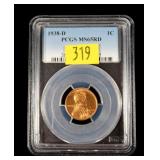 1938-D Lincoln cent, PCGS slab certified MS-65 RD