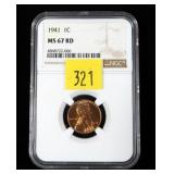 1941 Lincoln cent, NGC slab certified MS-67 RD