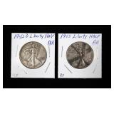2- Walking Liberty half dollars: 1942-D, 1945 -x2