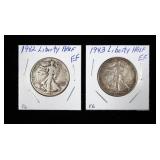 2- Walking Liberty half dollars: 1942, 1943 -x2
