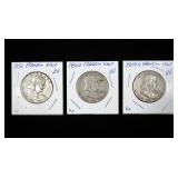 3- Franklin half dollars: 1952, 1954-D, 1957-D -x3