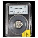 1943 Mercury dime, PCGS slab certified MS-66