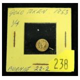 1853 1/4 California gold token, 12K gold