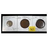 Lot, early trade tokens, one with counter stamp,