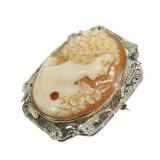 14K White gold cameo pin/pendant, missing jewel
