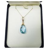 14K Yellow gold briolette cut blue topaz pendant